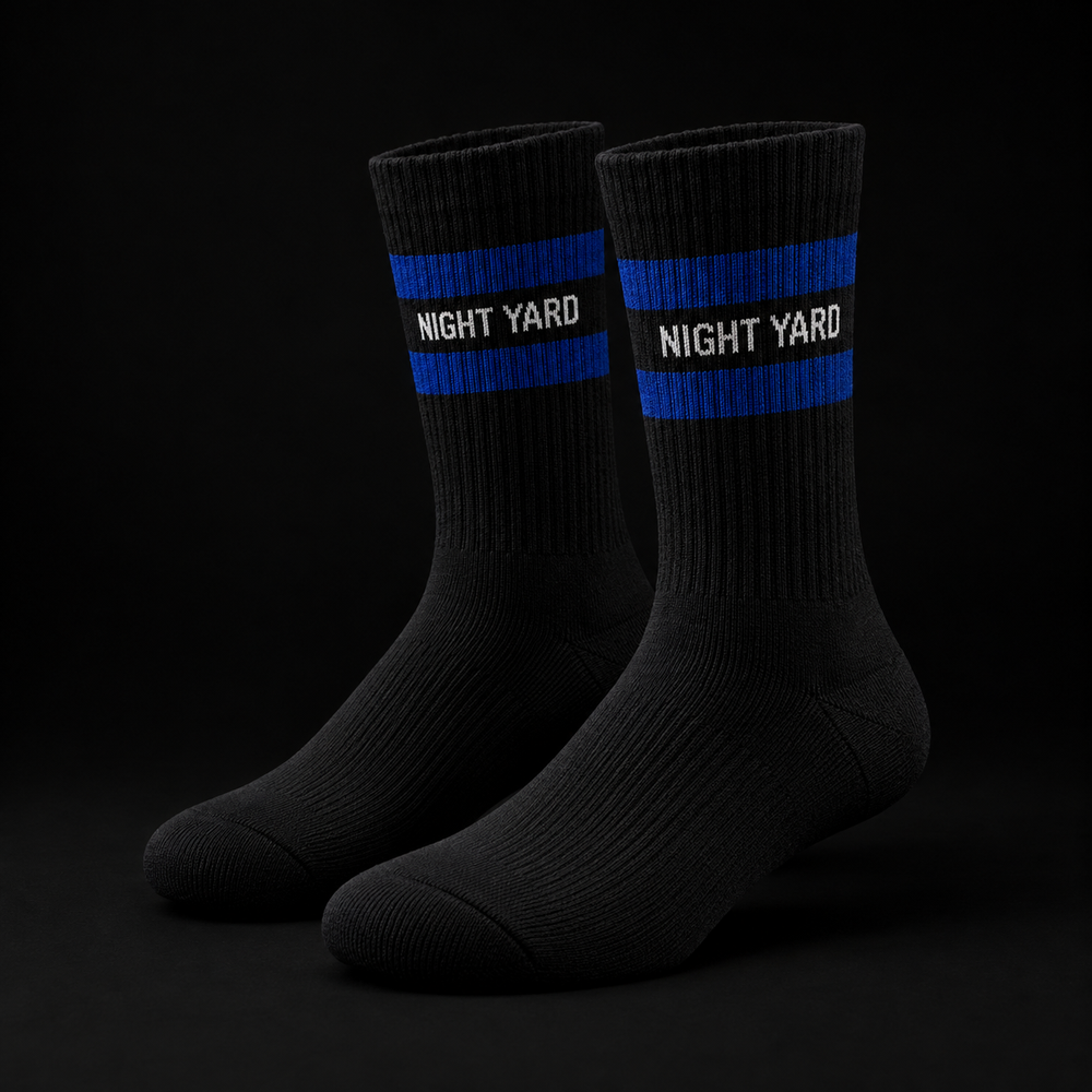 Night Yard Signal Bar Crew Socks — Black / Cobalt