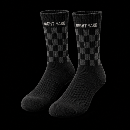 Night Yard Field Check Crew Socks — Black / Grey — original Night Yard product image